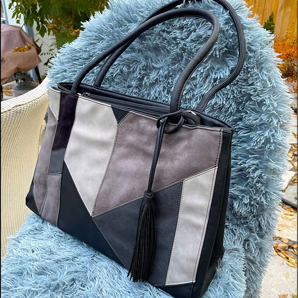 NEW Kate Landry Navy Black & Gray Leather Tote Purse